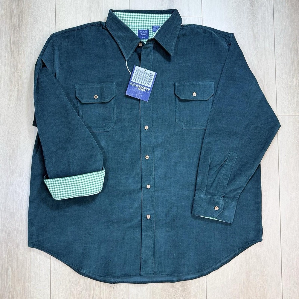 Sears Men's‎ 2XL Green Corduroy Button Shirt Long Sleeve Pocket Casual Retro
